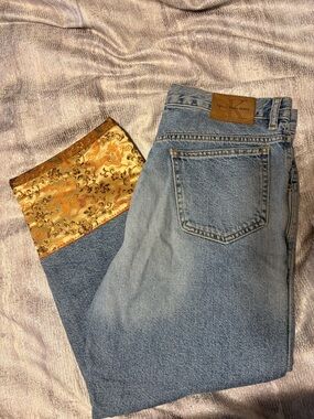 Calvin Klein Light Blue Straight Cropped Jeans with Gold Brocade Cuff